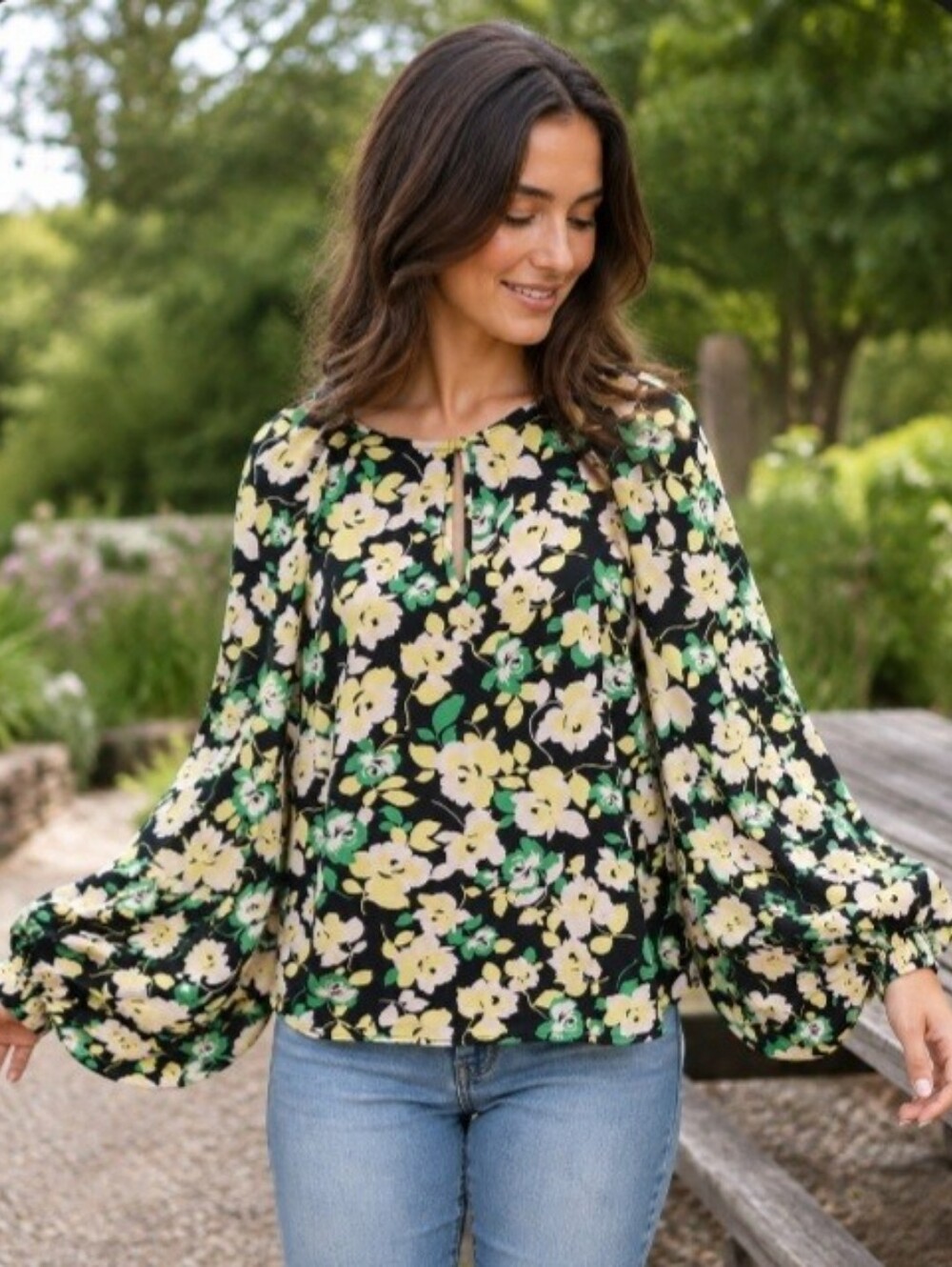 Who What Wear Yellow Black Floral Long Puff Sleeve Blouse Small Cottagecore